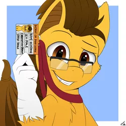 Size: 2000x2000 | Tagged: safe, artist:h3nger, derpibooru import, oc, oc:keystroke, unofficial characters only, bat pony, hybrid, pony, bat pony oc, bat wings, cheek fluff, chest fluff, fangs, folded wings, glasses, grin, high res, id card, image, looking at you, male, png, signature, smiling, solo, wings
