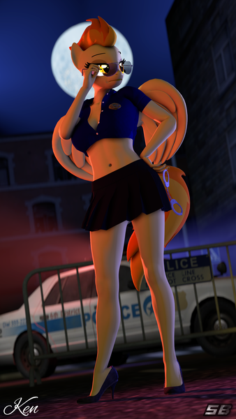 Size: 1080x1920 | Tagged: suggestive, artist:kenaga, artist:shadowboltsfm, derpibooru import, spitfire, anthro, pegasus, plantigrade anthro, 3d, big breasts, breasts, busty spitfire, clothes, glasses, hand on hip, high heels, image, moon, png, police, sfm pony, shoes, skirt, source filmmaker, standing