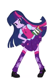 Size: 564x908 | Tagged: safe, artist:omnia_blair, derpibooru import, twilight sparkle, equestria girls, alternate costumes, book, bowtie, clothes, female, image, jewelry, jpeg, leggings, necklace, simple background, skirt, solo, white background