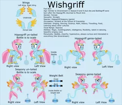 Size: 7429x6407 | Tagged: safe, artist:ethanjacobsyrosca, derpibooru import, oc, oc:wishgriff, unofficial characters only, classical hippogriff, genie, genie pony, hippogriff, seapony (g4), absurd resolution, belt, blue background, bottle, bracelet, circlet, clothes, female, headband, hippogriff oc, image, jewelry, leggings, png, ponytail, recolor, reference sheet, simple background, smiling, solo, twitterponies, vector, wing jewelry