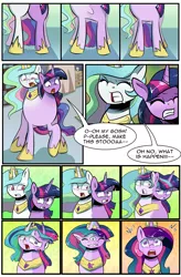 Size: 1800x2740 | Tagged: safe, artist:candyclumsy, author:bigonionbean, derpibooru import, princess celestia, twilight sparkle, twilight sparkle (alicorn), oc, oc:princess morning star, alicorn, pony, comic:the fusion flashback 2, alicorn princess, awkward, basement, canterlot, canterlot castle, comic, commissioner:bigonionbean, cutie mark, ethereal mane, flashback, forced, fusion, fusion:princess morning star, image, jewelry, magic, merge, png, regalia, royalty, shocked, surprised