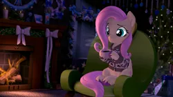 Size: 3840x2160 | Tagged: safe, artist:owlpirate, derpibooru import, fluttershy, pegasus, pony, 3d, candle, chair, christmas, christmas presents, christmas tree, clothes, coffee cup, cozy, cup, cute, female, fire, fireplace, holiday, hoof hold, image, png, ribbon, sfm pony, shyabetes, solo, source filmmaker, sweater, sweatershy, tree