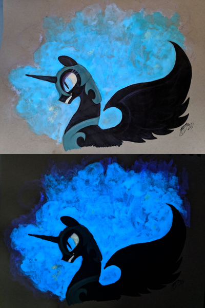 Size: 500x750 | Tagged: safe, artist:brisineo, derpibooru import, nightmare moon, alicorn, pony, brown background, female, glow-in-the-dark, glowing eyes, glowing mane, image, marker drawing, png, signature, simple background, smiling, solo, traditional art