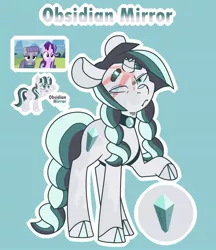 Size: 1280x1481 | Tagged: safe, artist:amazingly-gay-evan, derpibooru import, oc, oc:obsidian mirror, pony, unicorn, rock solid friendship, broken horn, choker, green background, horn, image, jpeg, magical lesbian spawn, offspring, parent:maud pie, parent:starlight glimmer, parents:starmaud, scar, screencap reference, simple background