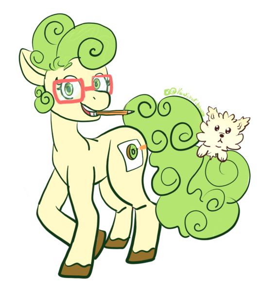 Size: 750x850 | Tagged: safe, artist:kiwiscribbles, derpibooru import, oc, oc:kiwi scribbles, unofficial characters only, dog, earth pony, pony, derpibooru community collaboration, 2021 community collab, ambiguous gender, duo, female, glasses, hooves, image, mare, mouth hold, pencil, png, simple background, solo, transparent background