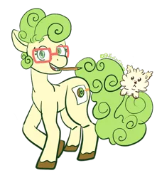 Size: 750x850 | Tagged: safe, artist:kiwiscribbles, derpibooru import, oc, oc:kiwi scribbles, unofficial characters only, dog, earth pony, pony, derpibooru community collaboration, 2021 community collab, ambiguous gender, duo, female, glasses, hooves, image, mare, mouth hold, pencil, png, simple background, solo, transparent background