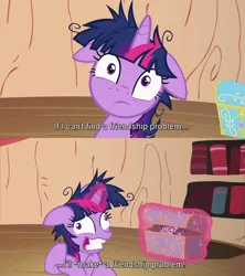 Size: 1920x2160 | Tagged: safe, artist:jargon scott, derpibooru import, edit, edited screencap, editor:piro_pie, screencap, twilight sparkle, lesson zero, caption, faic, golden oaks library, image, library, messy mane, png, squatpony, subtitles, text, this will end in death, twiggie, twilighting, twilight snapple, twilynanas