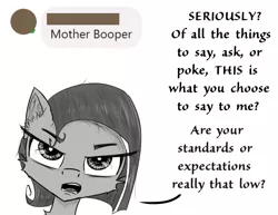 Size: 1000x773 | Tagged: safe, artist:chopsticks, derpibooru import, oc, oc:cookie cutter, unofficial characters only, pegasus, pony, ask, ask cookie cutter, cheek fluff, dialogue, ear fluff, female, filly, image, looking at you, monochrome, png, solo, text, unamused