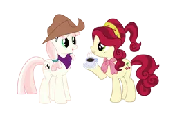 Size: 3463x2390 | Tagged: safe, artist:three uncle, derpibooru import, cherry jubilee, penny ante, earth pony, pony, bandana, coffee, coffee mug, cowboy hat, duo, duo female, female, hat, image, mare, mug, neckerchief, pigtails, png, simple background, transparent background