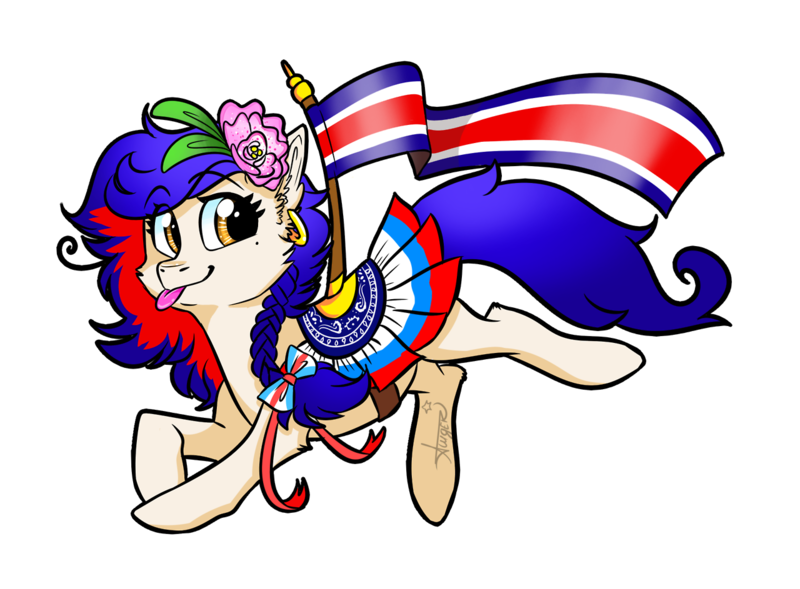 Size: 1280x943 | Tagged: safe, artist:lasserland, derpibooru import, ponified, pegasus, pony, beauty mark, bow, costa rica, ear piercing, earring, flag, flower, image, jewelry, nation ponies, piercing, png, saddle, tack, tongue out