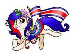 Size: 1280x943 | Tagged: safe, artist:lasserland, derpibooru import, ponified, pegasus, pony, beauty mark, bow, costa rica, ear piercing, earring, flag, flower, image, jewelry, nation ponies, piercing, png, saddle, tack, tongue out