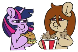 Size: 1200x800 | Tagged: safe, artist:threetwotwo32232, derpibooru import, twilight sparkle, oc, oc:red, alicorn, pegasus, pony, burger, female, food, image, kfc, mare, meat, png, ponies eating meat, simple background, transparent background