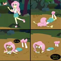 Size: 1201x1195 | Tagged: suggestive, alternate version, artist:hefess, derpibooru import, fluttershy, equestria girls, breasts, comic, female, image, mud, mud mask, png, quicksand, squishy