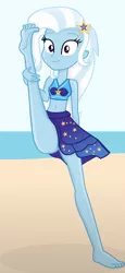 Size: 700x1527 | Tagged: suggestive, artist:grapefruitface1, derpibooru import, trixie, equestria girls, barefoot, beach, beach shorts swimsuit, belly button, clothes, feet, female, flexible, image, looking at you, png, raised leg, schrödinger's pantsu, seaside, solo, standing, standing on one leg, standing splits, swimsuit, trixie's beach shorts swimsuit