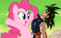 Size: 656x418 | Tagged: safe, derpibooru import, editor:logan jones, pinkie pie, earth pony, pony, 10 hours in photoshop, blood, defeated, dragon ball z, female, goku, humilliation, image, majestic as fuck, male, mare, meme, pinkie pie is god, png, shitposting, team four star in the comments, the weak should fear the strong, vector used