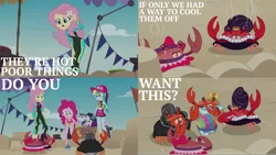 Size: 1986x1117 | Tagged: safe, derpibooru import, edit, edited screencap, editor:quoterific, screencap, fluttershy, pinkie pie, rainbow dash, rarity, crab, equestria girls, equestria girls series, too hot to handle, cap, clothes, duo, female, geode of fauna, geode of shielding, geode of sugar bombs, geode of super speed, hat, image, magical geodes, male, open mouth, png, steam, sweat, swimsuit, teeth