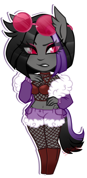 Size: 1068x2165 | Tagged: suggestive, artist:betavirus, derpibooru import, oc, oc:mimicry, unofficial characters only, anthro, original species, breasts, clothes, female, fishnets, image, jacket, png, purple changeling, simple background, solo, sunglasses, transparent background
