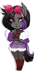 Size: 1068x2165 | Tagged: suggestive, artist:betavirus, derpibooru import, oc, oc:mimicry, unofficial characters only, anthro, original species, breasts, clothes, female, fishnets, image, jacket, png, purple changeling, simple background, solo, sunglasses, transparent background