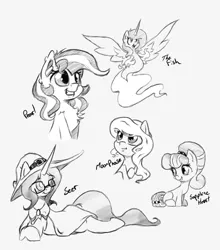 Size: 531x603 | Tagged: safe, artist:alazak, derpibooru import, oc, oc:moonphase, oc:pearl, oc:sapphire heart, oc:seer, oc:the fish, unofficial characters only, earth pony, pony, sea pony, unicorn, image, monochrome, png