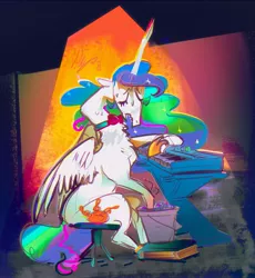 Size: 3091x3366 | Tagged: safe, artist:alumx, derpibooru import, princess celestia, alicorn, pony, bowtie, bucket, eyes closed, female, image, jpeg, keyboard, mare, musical instrument, solo, sweat