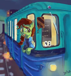 Size: 1500x1606 | Tagged: safe, artist:drafthoof, derpibooru import, oc, oc:oil drop, unofficial characters only, earth pony, pony, clothes, food, image, jpeg, looking away, metro, open mouth, solo, sparks, subway, train, uniform