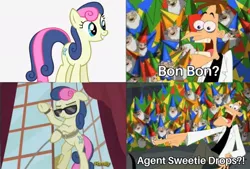 Size: 960x648 | Tagged: safe, derpibooru import, edit, edited screencap, screencap, bon bon, sweetie drops, earth pony, human, pony, slice of life (episode), agent, crossover, discovery family logo, heinz doofenshmirtz, image, jpeg, phineas and ferb, secret agent sweetie drops