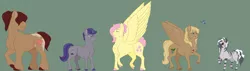 Size: 1600x453 | Tagged: safe, artist:ganashiashaka, derpibooru import, fluttershy, oc, oc:hex mind, oc:johari, oc:sandy feathers, oc:speckle heart, bird, blue jay, earth pony, pegasus, pony, unicorn, zebra, adopted offspring, colored hooves, female, filly, green background, image, male, parent:fluttershy, png, simple background, stallion