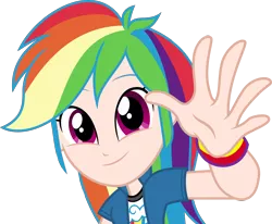 Size: 4848x4000 | Tagged: safe, artist:dashiesparkle, color edit, derpibooru import, edit, editor:michaelsety, rainbow dash, equestria girls, colored, female, hand, human coloration, image, light skin, light skin edit, looking at you, png, simple background, skin color edit, solo, transparent background