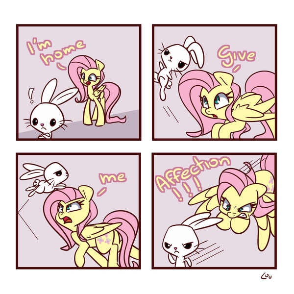 Size: 1500x1500 | Tagged: safe, artist:lou, derpibooru import, angel bunny, fluttershy, pegasus, pony, angel is a bunny bastard, behaving like a cat, comic, cute, dialogue, fluttershy is not amused, image, meme, open mouth, png, running, shyabetes, unamused, you're going to love me