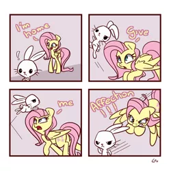 Size: 1500x1500 | Tagged: safe, artist:lou, derpibooru import, angel bunny, fluttershy, pegasus, pony, angel is a bunny bastard, behaving like a cat, comic, cute, dialogue, fluttershy is not amused, image, meme, open mouth, png, running, shyabetes, unamused, you're going to love me