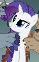 Size: 321x512 | Tagged: safe, derpibooru import, edit, edited screencap, screencap, fido, rarity, spot, diamond dog, a dog and pony show, chains, cropped, harness, image, jpeg, out of context, rarity is a marshmallow, squishy, tack