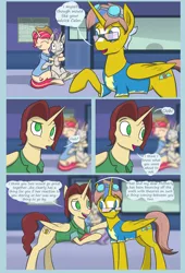 Size: 2380x3508 | Tagged: safe, artist:kozachokzrotom, author:bigonionbean, derpibooru import, oc, oc:heartstrong flare, oc:king calm merriment, oc:princess mythic majestic, oc:queen motherly morning, alicorn, pony, comic:couple of the crystal empire, alicorn oc, alicorn princess, clothes, comic, commissioner:bigonionbean, crystal, crystal empire, dialogue, female, fusion, fusion:heartstrong flare, fusion:king calm merriment, fusion:princess mythic majestic, fusion:queen motherly morning, goggles, horn, husband and wife, image, male, mare, png, riding a pony, royalty, stallion, train, train station, uniform, wings, wonderbolt trainee uniform