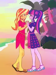 Size: 1620x2160 | Tagged: safe, artist:haibaratomoe, derpibooru import, sci-twi, sunset shimmer, twilight sparkle, equestria girls, equestria girls series, spring breakdown, spoiler:eqg series (season 2), beach, bush, choker, clothes, cute, dress, eyes closed, female, holding hands, image, jpeg, lesbian, lidded eyes, ocean, palm tree, plant, ponytail, romantic, sandals, scitwishimmer, shimmerbetes, shipping, sunset, sunsetsparkle, tree, twiabetes