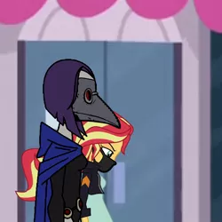 Size: 768x768 | Tagged: safe, artist:thatradhedgehog, derpibooru import, edit, edited screencap, screencap, sunset shimmer, equestria girls, covid-19, crossover, crossover shipping, female, image, jpeg, lesbian, pandemic, plague doctor mask, raven (teen titans), shimrav, shipping, teen titans