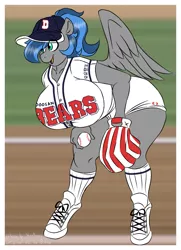 Size: 755x1040 | Tagged: safe, artist:littlebibbo, artist:shaydraws, color edit, derpibooru import, edit, oc, oc:bibbo, unofficial characters only, anthro, pegasus, pony, unguligrade anthro, ball, baseball, baseball cap, baseball glove, bent over, big breasts, breasts, cap, clothes, colored, female, freckles, hat, holding, huge breasts, image, jpeg, mare, open mouth, shoes, shorts, smiling, sneakers, solo, sports, stadium
