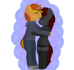 Size: 1800x1700 | Tagged: safe, artist:embermare, artist:emberstoneeqf, derpibooru import, oc, oc:ember stone, oc:radray, anthro, unicorn, clothes, couple, hug, image, png