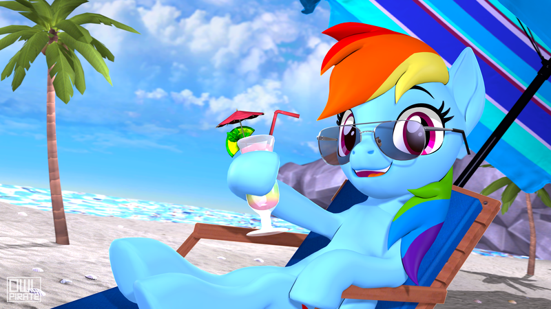 Size: 3840x2160 | Tagged: safe, artist:owlpirate, derpibooru import, rainbow dash, pegasus, pony, 3d, beach, beach chair, beach umbrella, cloud, cocktail, cute, drink, drinking straw, female, image, looking at you, mare, ocean, palm tree, png, solo, source filmmaker, straw, sunglasses, tree, umbrella