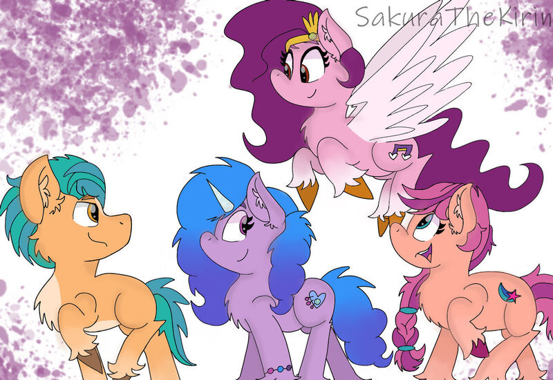 Size: 1280x880 | Tagged: safe, artist:sakurathekirin, derpibooru import, hitch trailblazer, izzy moonbow, pipp petals, sunny starscout, earth pony, pegasus, pony, unicorn, braid, chest fluff, ear fluff, female, g5, image, jpeg, looking at each other, looking back, male, mare, open mouth, raised hoof, smiling, stallion, unshorn fetlocks, wings