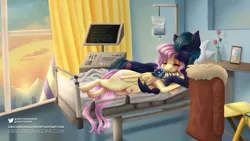 Size: 1024x576 | Tagged: safe, artist:obscuredragone, derpibooru import, fluttershy, oc, oc:realfeeler, earth pony, pegasus, pony, baby, baby pony, bed, canon x oc, canterlot castle, child, cuddling, digital art, ears up, eyes closed, family, father and child, female, flower, hospital, hospital bed, hug, image, jpeg, male, mother and child, offspring, parent:fluttershy, parent:oc:realfeeler, parents:canon x oc, paternity mark, pregnant, room, rose, shipping, spooning, straight, sunset
