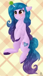 Size: 2322x4096 | Tagged: safe, artist:monsoonvisionz, derpibooru import, izzy moonbow, pony, unicorn, abstract background, blushing, chest fluff, female, floppy ears, g5, high res, horn, horn guard, horn impalement, hornball, image, izzy's tennis ball, jpeg, mare, simple background, smiling, solo, tennis ball, unshorn fetlocks