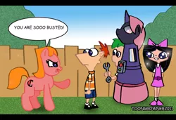 Size: 900x614 | Tagged: safe, artist:toongrowner, derpibooru import, ponified, human, pony, candace flynn, crossover, ferb fletcher, image, implied transformation, isabella garcia shapiro, jpeg, machine, phineas and ferb, phineas flynn