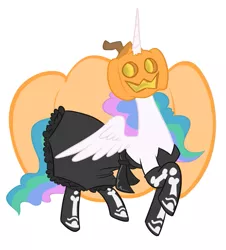 Size: 703x777 | Tagged: safe, artist:jargon scott, artist:threetwotwo32232, derpibooru import, princess celestia, alicorn, clothes, costume, halloween, halloween costume, holiday, image, jack-o-lantern, png, pumpkin, pumpkin head, raised hoof, skeleton costume, spread wings, wings