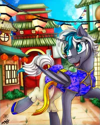 Size: 2000x2500 | Tagged: safe, artist:stainedglasslighthea, derpibooru import, oc, oc:elizabat stormfeather, unofficial characters only, alicorn, bat pony, bat pony alicorn, pony, alicorn oc, bat pony oc, bat wings, belt, building, bush, chinese dress, chinese new year, clothes, commission, dress, female, flats, hoof shoes, horn, image, lantern, lunar new year, mare, open mouth, pants, png, raised hoof, raised leg, shoes, solo, wings, ych result, year of the ox