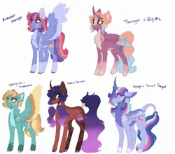 Size: 2864x2515 | Tagged: safe, artist:scarletskitty12, derpibooru import, oc, unofficial characters only, alicorn, earth pony, pegasus, pony, unicorn, image, jpeg, magical lesbian spawn, magical threesome spawn, offspring, parent:big macintosh, parent:lightning dust, parent:princess luna, parent:rainbow dash, parent:saffron masala, parent:starlight glimmer, parent:thunderlane, parent:trixie, parent:twilight sparkle, parents:glimmerdash, parents:lunamasala, parents:startwitrix, parents:thunderdust, parents:twimac, simple background, watermark, white background
