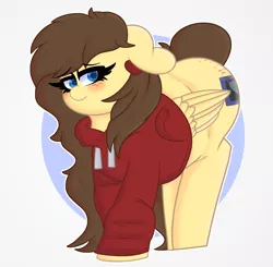Size: 4195x4104 | Tagged: safe, artist:retro_hearts, derpibooru import, oc, unofficial characters only, pegasus, pony, ass up, blushing, clothes, ear piercing, earring, embarrassed, female, floppy ears, freckles, hoodie, image, jewelry, pegasus oc, piercing, png, simple background, wings