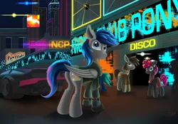 Size: 2840x1980 | Tagged: safe, artist:jphyperx, derpibooru import, oc, oc:atom bomb, pegasus, pony, unicorn, car, club, complex background, cyberpunk, cyberpunk 2077, dystopia, future, image, lens flare, neon, neon sign, png