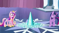 Size: 1280x720 | Tagged: safe, derpibooru import, screencap, princess cadance, twilight sparkle, twilight sparkle (alicorn), alicorn, pony, the crystalling, broken, crystal empire, crystal heart, duo, duo female, eyes closed, female, gritted teeth, image, png, shattered, sisters-in-law, teeth