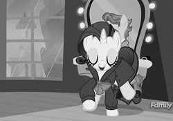 Size: 570x398 | Tagged: safe, derpibooru import, edit, edited screencap, screencap, rarity, wind rider, pony, rarity investigates, animated, black and white, clothes, detective, detective rarity, discovery family logo, female, grayscale, image, jazz, male, mare, monochrome, music, reversed, stallion, trenchcoat, watching, webm