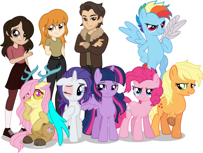 Size: 1920x1443 | Tagged: safe, artist:limedazzle, derpibooru import, applejack, fluttershy, pinkie pie, rainbow dash, rarity, twilight sparkle, twilight sparkle (alicorn), oc, oc:danny williams, oc:molly brunner, oc:morgan brunner, alicorn, draconequus, human, pony, fanfic:my little pony: the unexpected future, alternate timeline, amputee, apocalypse dash, artificial wings, augmented, crystal war timeline, draconequified, flutterequus, image, mane six, mechanical wing, png, scar, show accurate, simple background, species swap, transparent background, wings