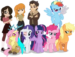 Size: 1920x1443 | Tagged: safe, artist:limedazzle, derpibooru import, applejack, fluttershy, pinkie pie, rainbow dash, rarity, twilight sparkle, twilight sparkle (alicorn), oc, oc:danny williams, oc:molly brunner, oc:morgan brunner, alicorn, draconequus, human, pony, fanfic:my little pony: the unexpected future, alternate timeline, amputee, apocalypse dash, artificial wings, augmented, crystal war timeline, draconequified, flutterequus, image, mane six, mechanical wing, png, scar, show accurate, simple background, species swap, transparent background, wings